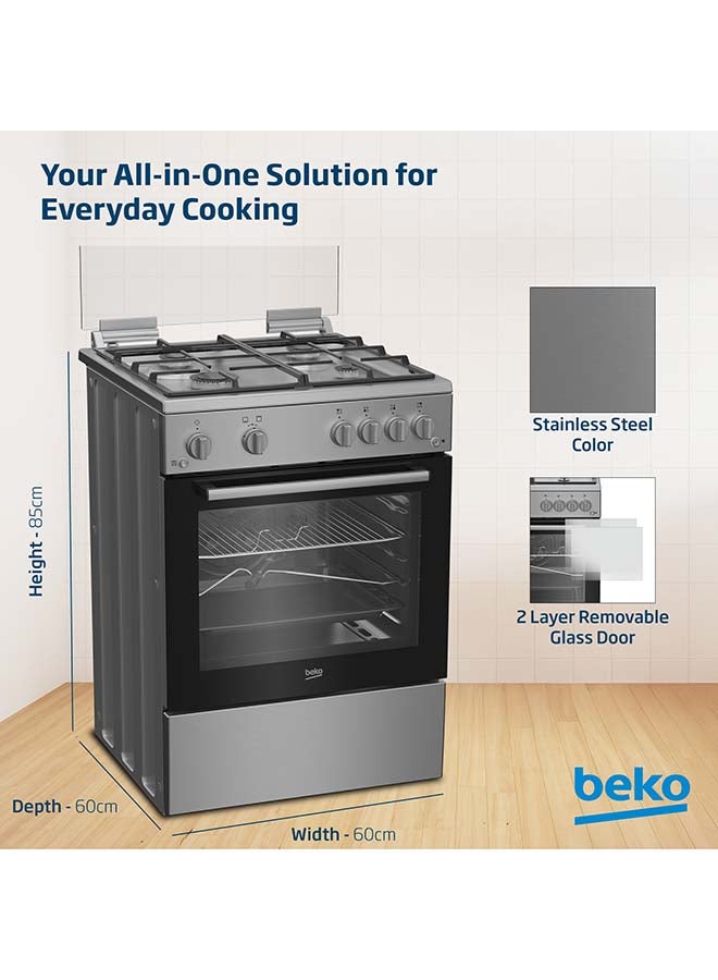 بيكو 60x60cm Freestanding Gas Cooker, Full safety with 4 High Efficiency Gas Burners, Closed Door Grilling, Cast Iron Pan Support, 64 Liters Oven Capacity FBGT61130XSL Inox - Image 4