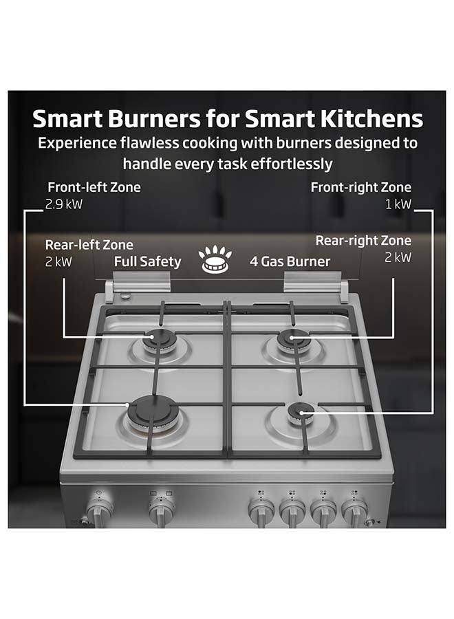 بيكو 60x60cm Freestanding Gas Cooker, Full safety with 4 High Efficiency Gas Burners, Closed Door Grilling, Cast Iron Pan Support, 64 Liters Oven Capacity FBGT61130XSL Inox - Image 3