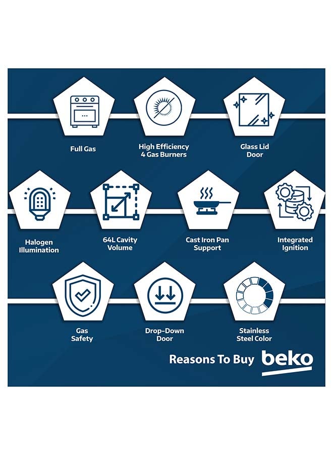 بيكو 60x60cm Freestanding Gas Cooker, Full safety with 4 High Efficiency Gas Burners, Closed Door Grilling, Cast Iron Pan Support, 64 Liters Oven Capacity FBGT61130XSL Inox - Image 5