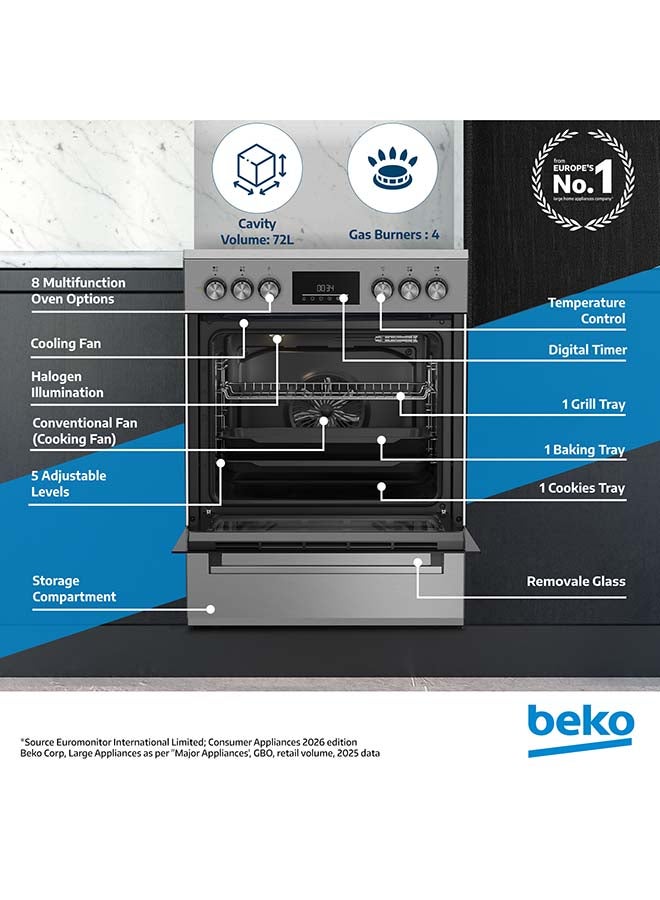 بيكو 60x60cm Freestanding Ceramic Electric cooker, 4 Cooking Zones(2 Expandable),8 Cooking Multifunction Oven,72 litres Oven Capacity FBM67320XDS Inox - Image 2