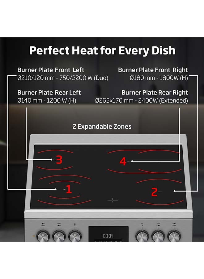 بيكو 60x60cm Freestanding Ceramic Electric cooker, 4 Cooking Zones(2 Expandable),8 Cooking Multifunction Oven,72 litres Oven Capacity FBM67320XDS Inox - Image 3