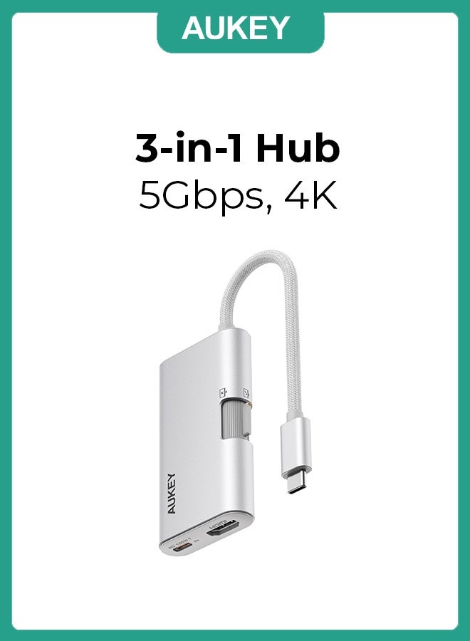 أوكي ترافيل دوك 3في1 محول بيانات، 1xHDMI، 1xUSB-A،1xUSB-C، 5جيجابت في الثانية، 100واط PD، 4K @ 60Hz، UH-CUH01، لون فضي - Image 1