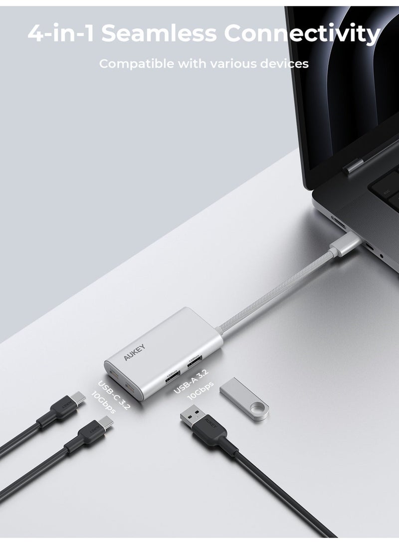 Aukey OfficeDok 4-in-1 USB Hub Adapter 2xUSB-A, 2xUSB-C, 10Gbps Data Transfer, UH-CA01 - Silver - Image 5