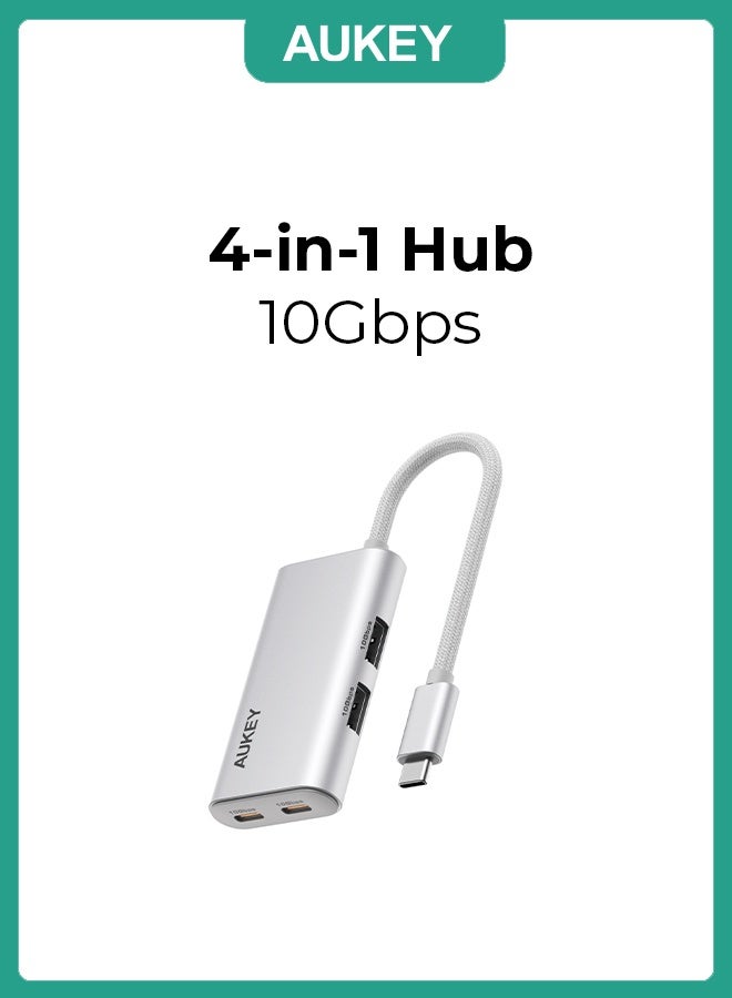 Aukey OfficeDok 4-in-1 USB Hub Adapter 2xUSB-A, 2xUSB-C, 10Gbps Data Transfer, UH-CA01 - Silver - Image 1