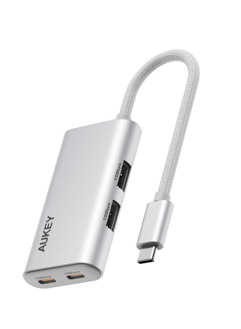 Aukey OfficeDok 4-in-1 USB Hub Adapter 2xUSB-A, 2xUSB-C, 10Gbps Data Transfer, UH-CA01 - Silver - Image 2