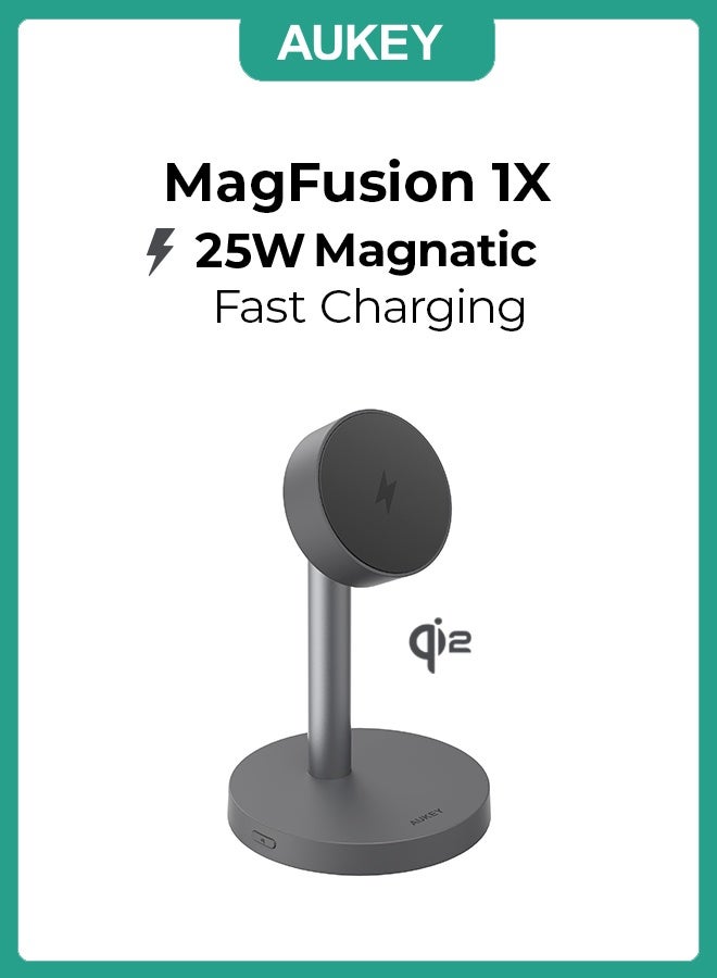 Aukey MagFusion 1X Qi2.2 25W Magnatic Fast Wireless iPhone Charging Station Grey - Image 1