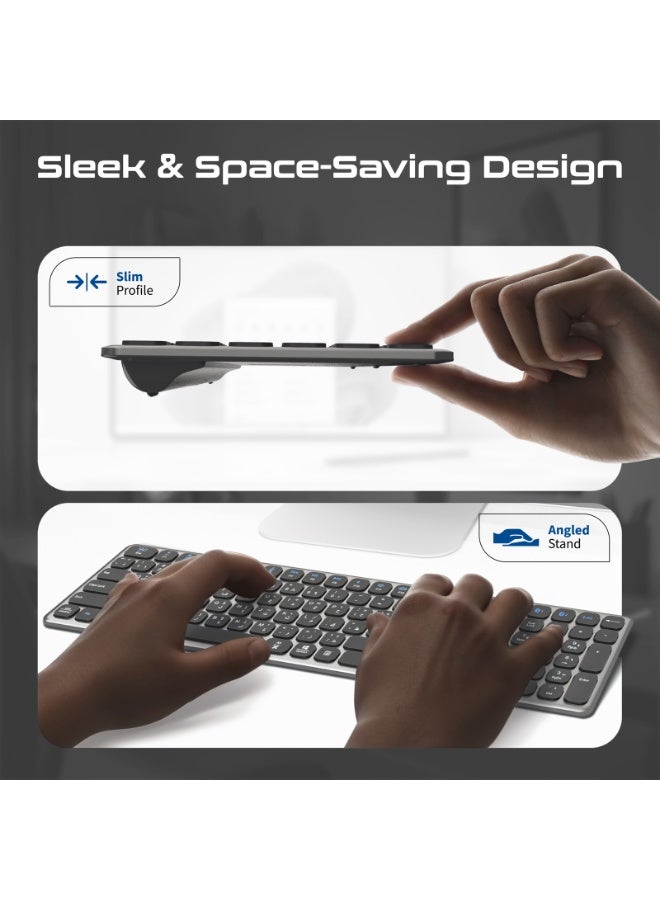 بروميت Promate Wireless Keyboard, Full-Size Slim Scissor Key Design, Triple Mode BT5.1 + 2.4G, USB-C Rechargeable, 100H Battery Life, Multi-Device Keyboard for Windows Mac Android, ProKeys-X2 grey - Image 5