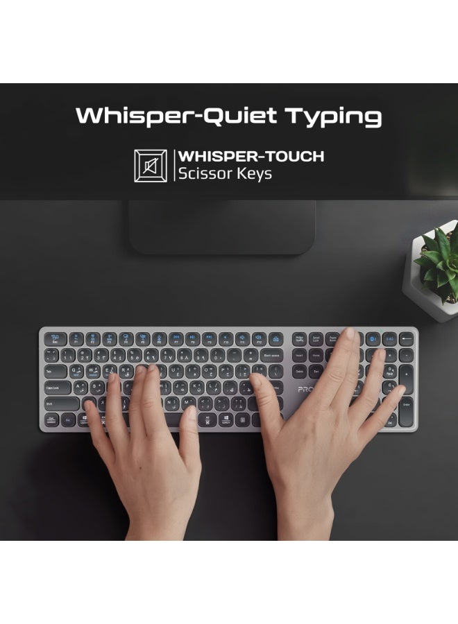 بروميت Promate Wireless Keyboard, Full-Size Slim Scissor Key Design, Triple Mode BT5.1 + 2.4G, USB-C Rechargeable, 100H Battery Life, Multi-Device Keyboard for Windows Mac Android, ProKeys-X2 grey - Image 3