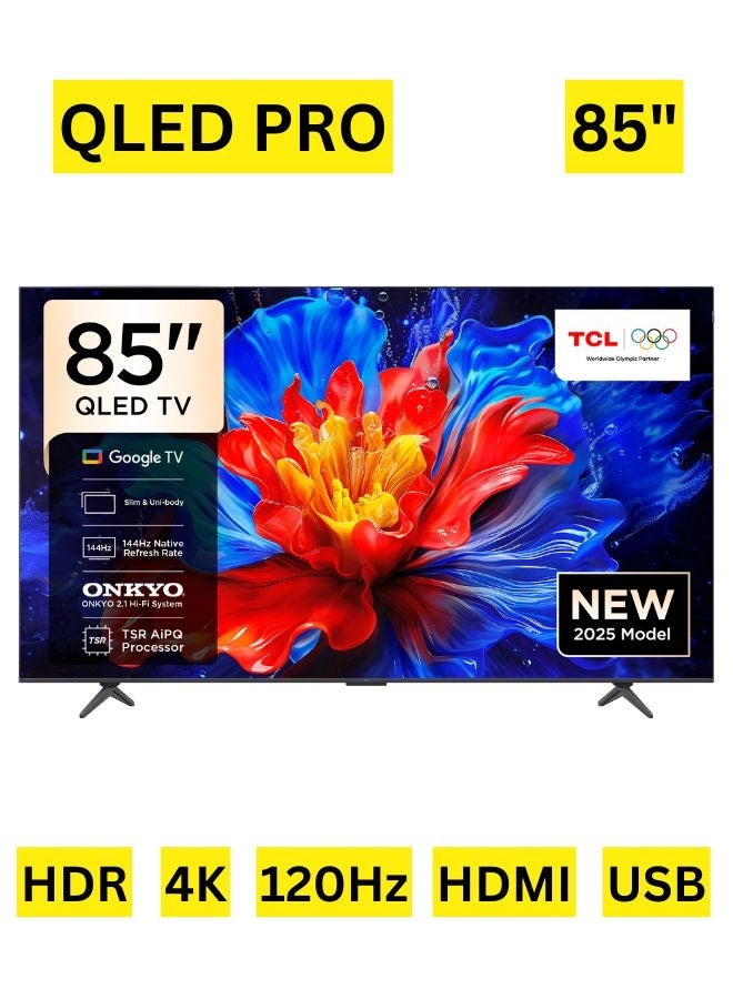TCL 85 Inch P8K QLED TV | 4K UHD Google TV | AiPQ Pro Processor | 144Hz Native Refresh Rate, Dolby Vision, HDR10+, HLG | ONKYO 2.1 Hi-Fi System | HVA Panel | DTS Virtual X | Bezel-less Design | Game Master  - International Version 85P8K Black - Image 1