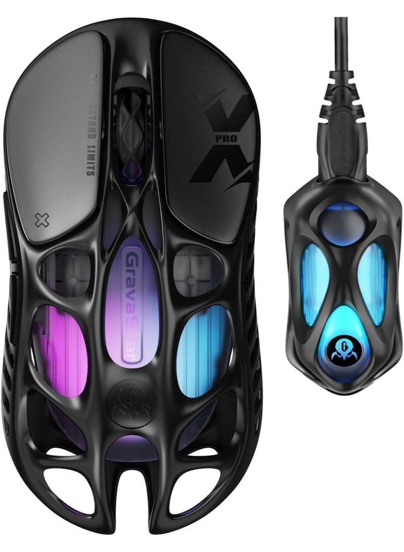 Gravastar Mercury X Pro 8KHz Wireless Gaming Mouse, 32,000 DPI PAW 3950 Optical Sensor, Ultra-Light 49g Magnesium Alloy Skeleton Design, Tri-Mode Wired/Bluetooth/2.4GHz, 5 Programmable Buttons, RGB Lighting, 110h Battery Life, Type-C Charging, Black - Image 1