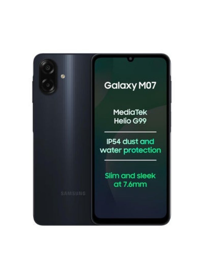 سامسونج جالاكسي M07 (أسود، 4 جيجابايت رام، 64 جيجابايت تخزين) | ميديا تيك هيليو G99 | تصنيف IP54 | كاميرا 50 ميجابكسل بتركيز تلقائي | 7.6 مم نحيف | بطارية 5000 مللي أمبير | شحن سريع 25 واط | 6 أجيال من ترقيات نظام التشغيل | بدون شاحن - Image 1