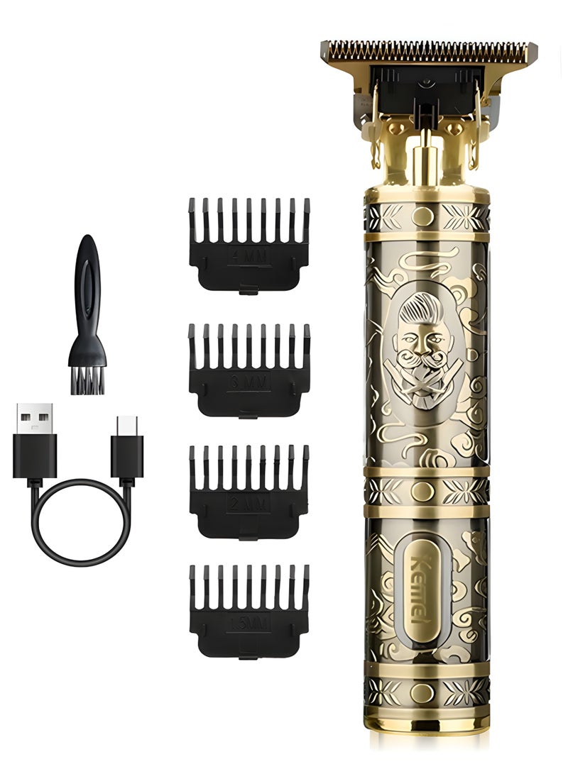 Kemei KM-T99 Professional Hair & Beard Trimmer with T-Blade, USB Rechargeable, Zero Cut, Retro Metal Design Gold - Image 1