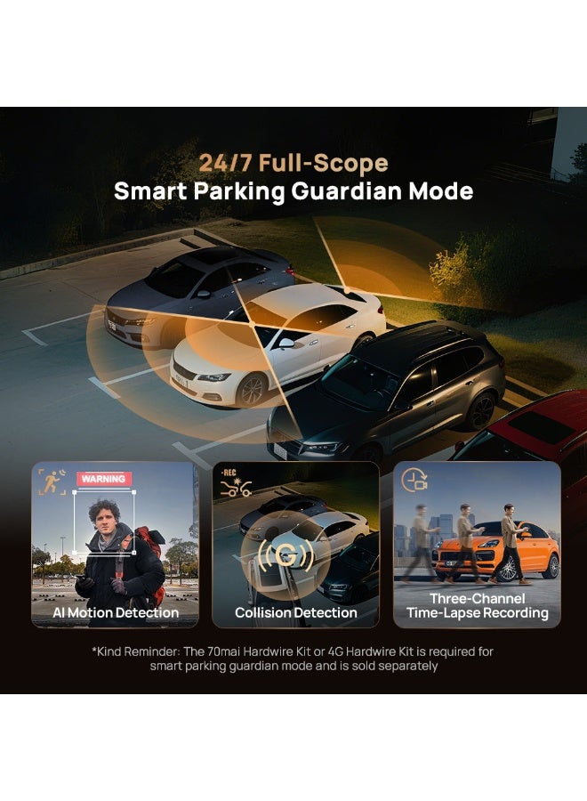 70 ماي 70mai 4K 3 Channel Dash Cam T800-41, Car Camera With Front And Rear Inside( 2160P+2160P+1080P), STARVIS 2 IMX678, HDR Night Vision, WiFi 6 512GB SD card Included, 4G LTE Supporting, 24H Parking Mode, Supercapacitor - Image 2