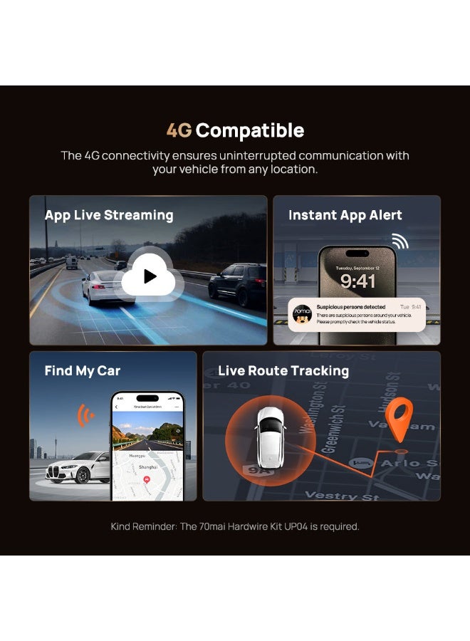 70 ماي 70mai 4K 3 Channel Dash Cam T800-41, Car Camera With Front And Rear Inside( 2160P+2160P+1080P), STARVIS 2 IMX678, HDR Night Vision, WiFi 6 512GB SD card Included, 4G LTE Supporting, 24H Parking Mode, Supercapacitor - Image 3