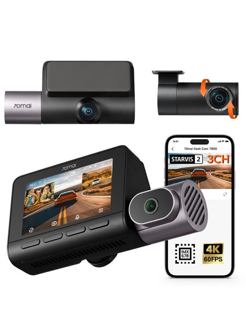 70 ماي 70mai 4K 3 Channel Dash Cam T800-41, Car Camera With Front And Rear Inside( 2160P+2160P+1080P), STARVIS 2 IMX678, HDR Night Vision, WiFi 6 512GB SD card Included, 4G LTE Supporting, 24H Parking Mode, Supercapacitor - Image 1