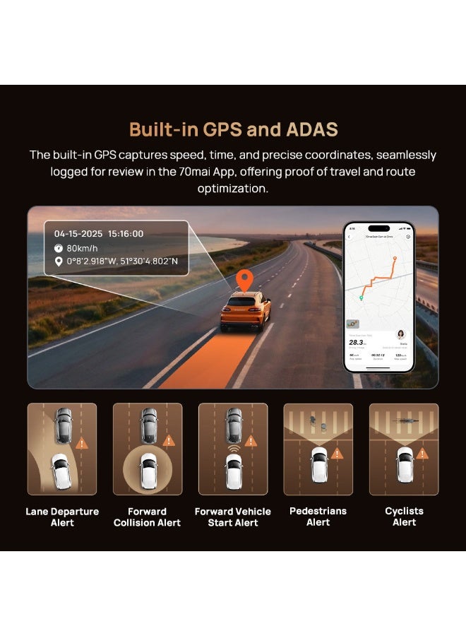 70 ماي 70mai 4K 3 Channel Dash Cam T800-41, Car Camera With Front And Rear Inside( 2160P+2160P+1080P), STARVIS 2 IMX678, HDR Night Vision, WiFi 6 512GB SD card Included, 4G LTE Supporting, 24H Parking Mode, Supercapacitor - Image 4