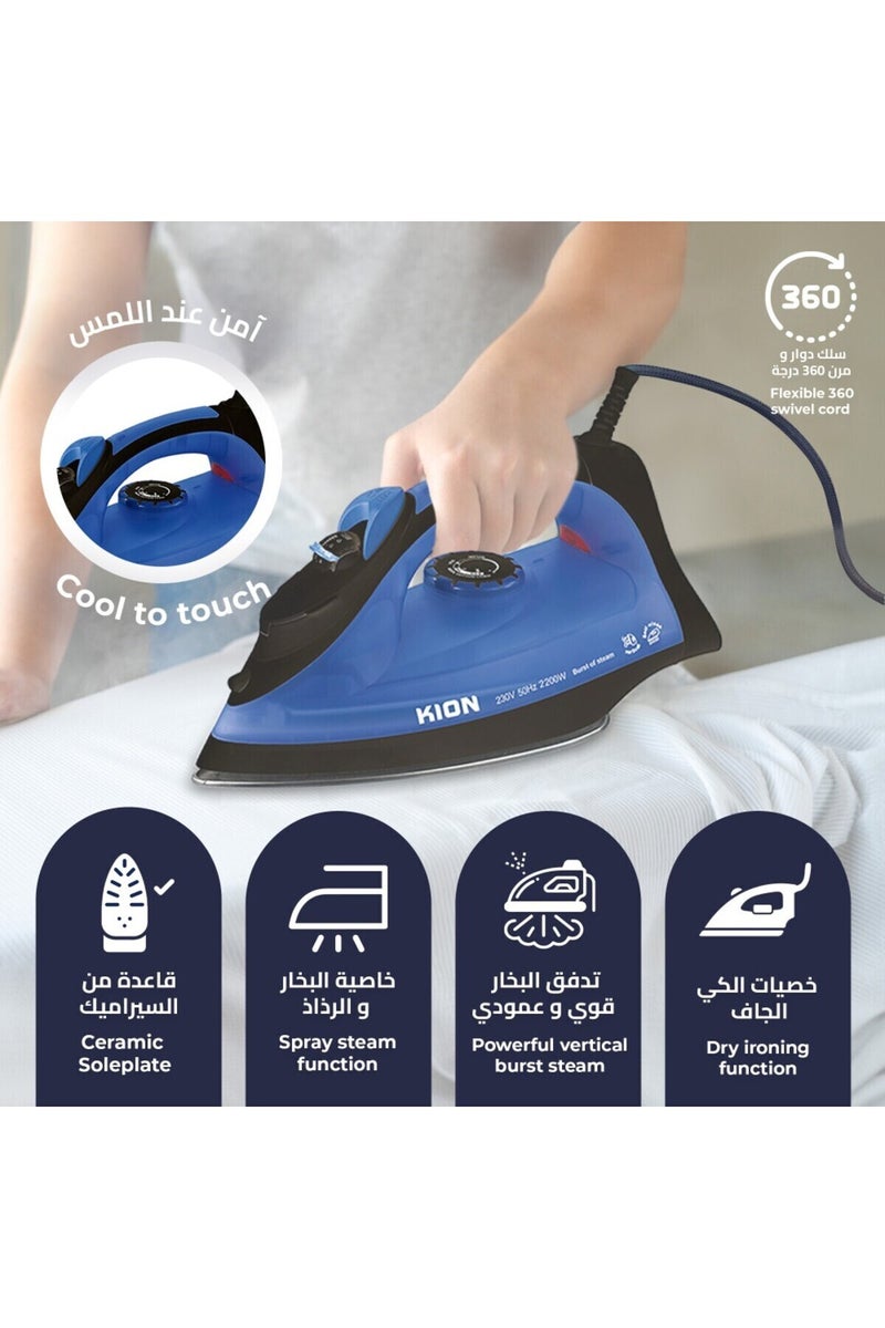 Kion Steam Iron 2200W 380Ml Ceramic Coating Soleplate & Swivel Cord & Self-Cleaning Function 380 L 2200 W KGC/1002 Blue - Image 4