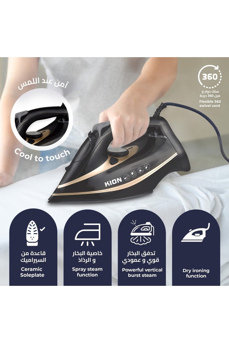 Kion Steam Iron Ceramic Coating Soleplate & Swivel Cord & Self-Cleaning Function 380 L 2200 W KGC/1001 Black - Image 4
