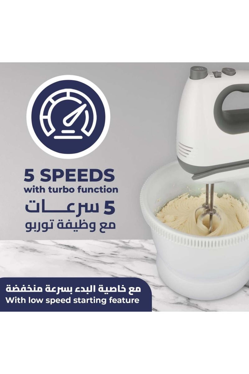 Kion Hand Mixer + Turbo With Rotating Bowl With 5 Speeds With Beaters & Dough Hooks Attached 3.5 L 300 W MHM4035PP00 White - Image 3