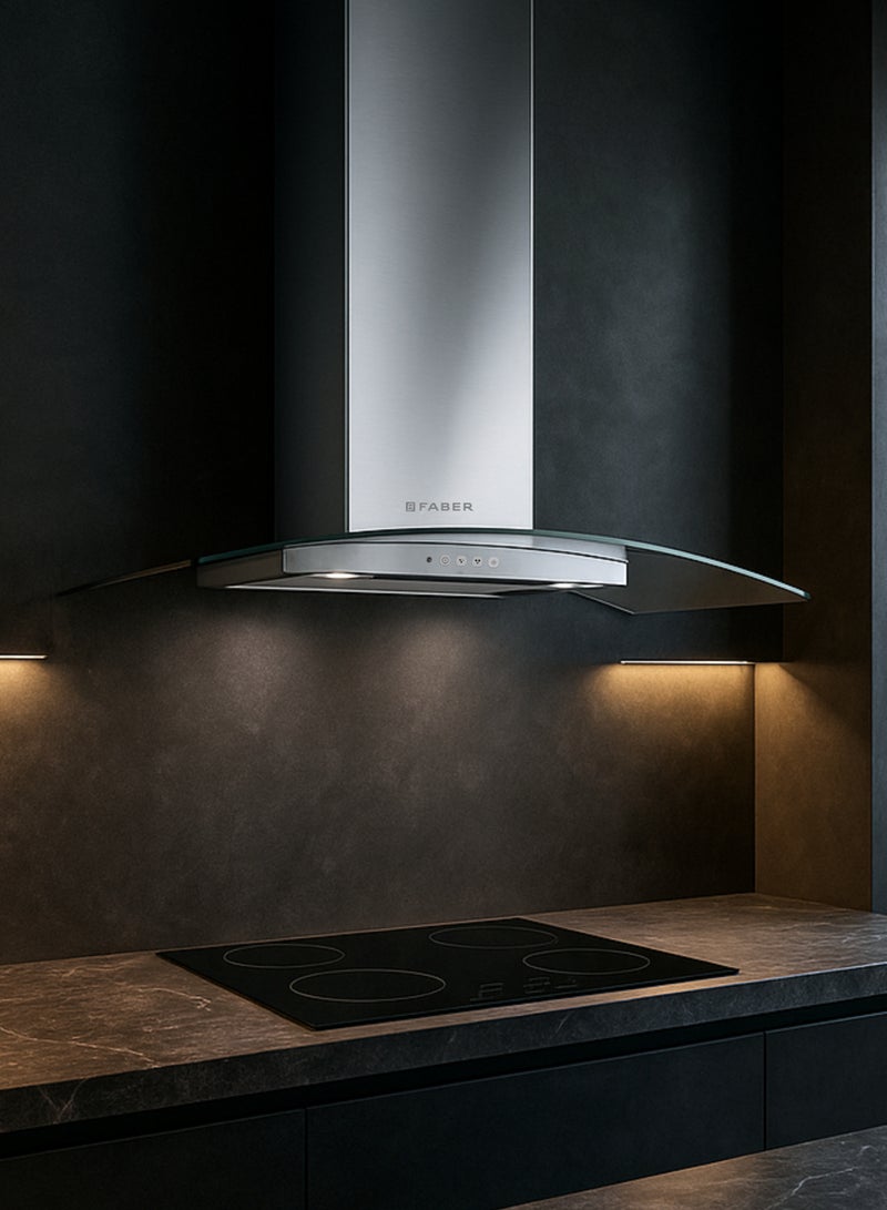فابر Kitchen Cooker Hood, 90 cm T-Shape Curved Wall-Mount,  420  m³/h Suction Power, 3-Speed, LED Lighting, Stainless Steel/Glass, RAY SRM LED X/V NS A90 ( Made in Italy ) 115 W 325.0617.051 Stainless Steel/Glass - Image 5