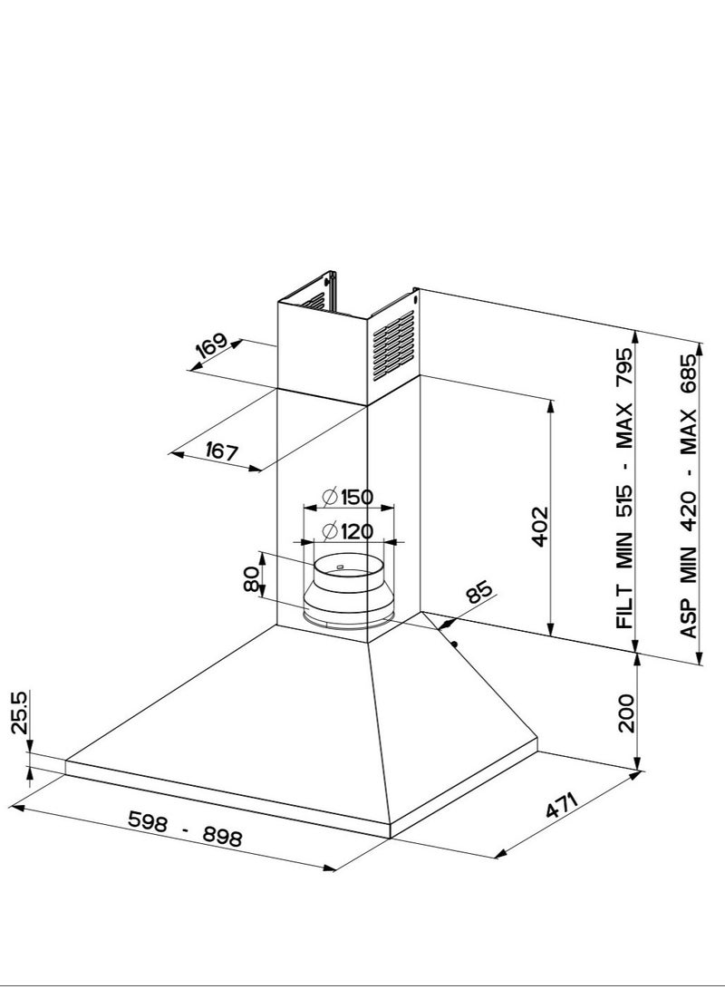 فابر Kitchen Cooker Hood, 90 cm Wall-Mount, 380 m³/h Suction Power, 3-Speed, LED Lighting, Stainless Steel, Made in Italy ( VALUE PB X A90 ) 145 W 320.0557.540 Stainless Steel - Image 4