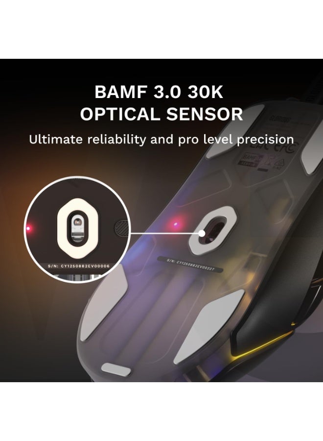 جلوريوس فأرة الألعاب السلكية المذهلة موديل O3 - وزن خفيف 54 جرام، مفاتيح بصرية 130 مليون نقرة، مستشعر BAMF 3.0 بدقة 30,000 DPI، تتبع 750 IPS، تسارع 50 جرام، تدعم جميع أنواع القبضة - أسود - Image 3