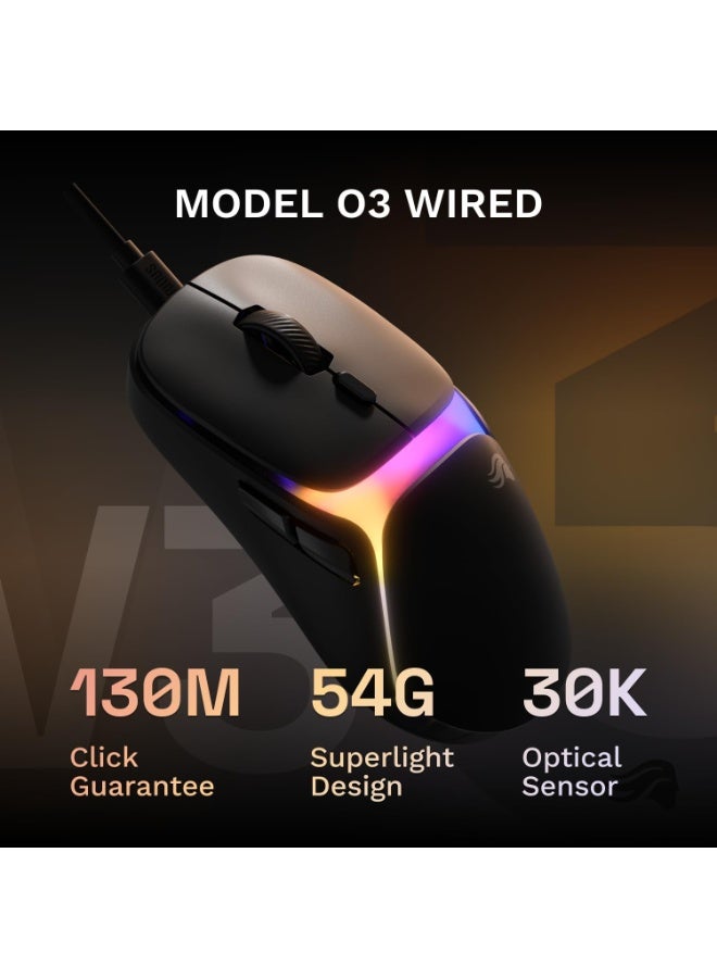 جلوريوس فأرة الألعاب السلكية المذهلة موديل O3 - وزن خفيف 54 جرام، مفاتيح بصرية 130 مليون نقرة، مستشعر BAMF 3.0 بدقة 30,000 DPI، تتبع 750 IPS، تسارع 50 جرام، تدعم جميع أنواع القبضة - أسود - Image 2