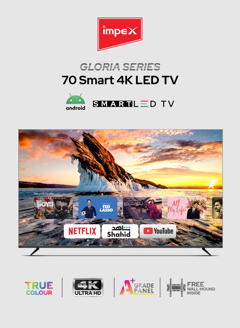 إمبكس 70-Inch 4K Ultra HD Smart LED TV| Frameless Design Television | Quad Core Processor | Movie Film Music and Audio Entertainment , 8GB Storage + 1.5GB RAM | A+ Grade Panel | Dolby-Ready Audio | 3 HDMI & 2 USB | 2 Year Warranty - Gloria 70 Smart, Black Gloria 70 Smart Black - Image 1