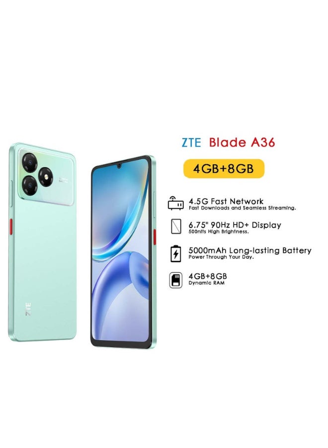 زد تي اي بليد A36 ثنائي الشريحة أخضر مائي 4GB+8GB RAM 64GB 4G مع شاحن - النسخة الدولية - Image 1