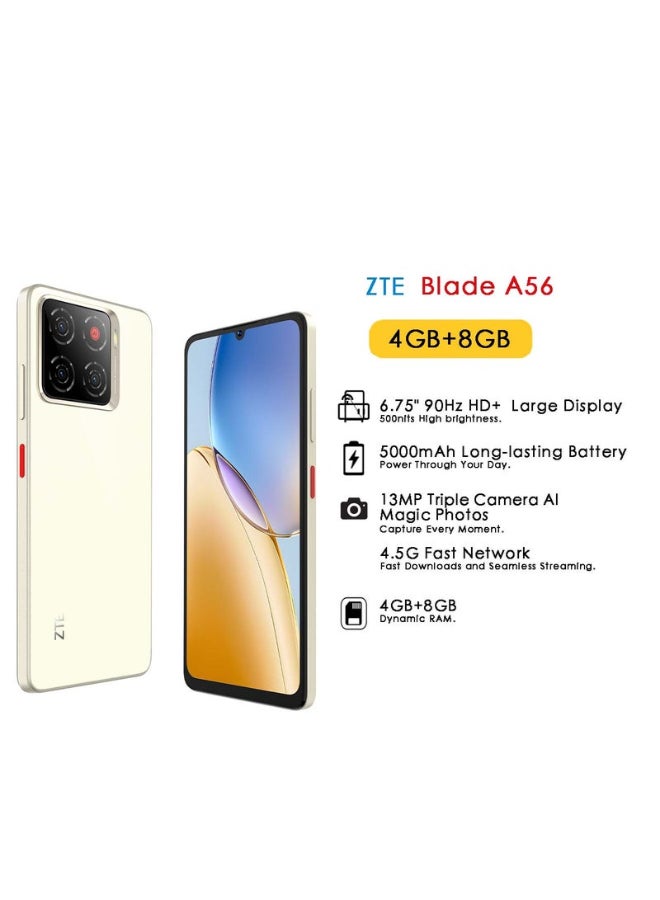 زد تي اي بليد A56 ثنائي الشريحة عائم ذهبي 4GB+8GB RAM 128GB 4G مع شاحن - النسخة الدولية - Image 1