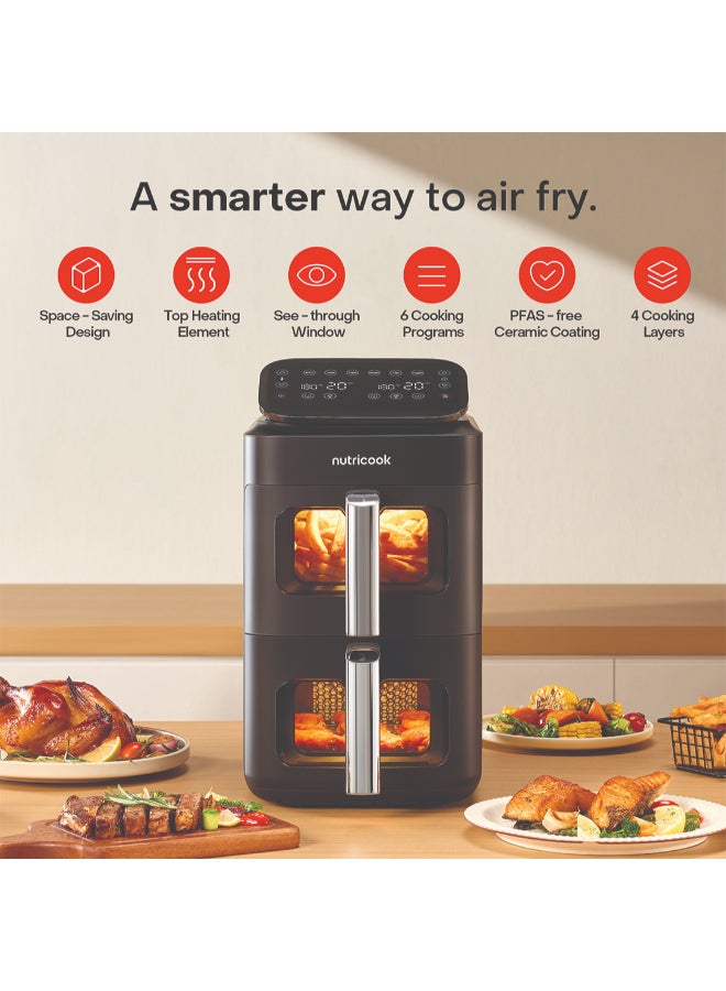 nutricook Dual Basket Vertical Air Fryer with Window, Sync Finish & Dual Cook, 6 Preset Programs + Manual Mode, 4-Layer Cooking with Racks, Top Heating Coils, Space-Saving Stacked Design, NC-AFDS330, Black 9.6 L 2700 W NC-AFDS330 Black - Image 2