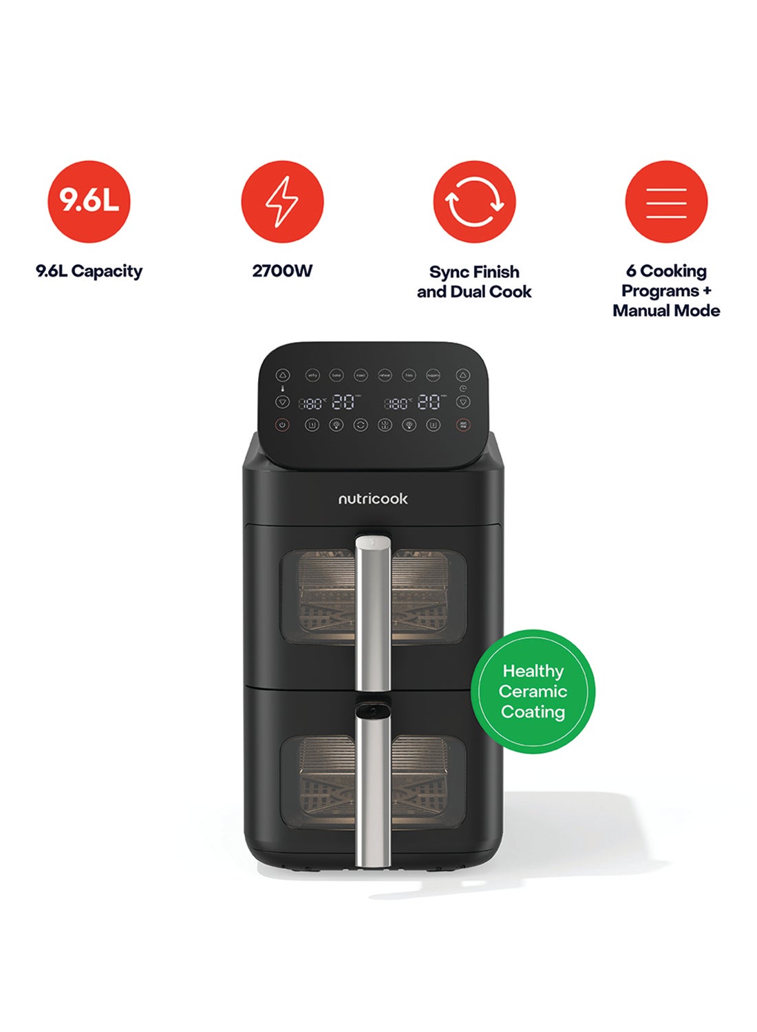 Dual Basket Vertical Air Fryer with Window, Sync Finish & Dual Cook, 6 Preset Programs + Manual Mode, 4-Layer Cooking with Racks, Top Heating Coils, Space-Saving Stacked Design, NC-AFDS330, Black 9.6 L 2700 W NC-AFDS330 Black