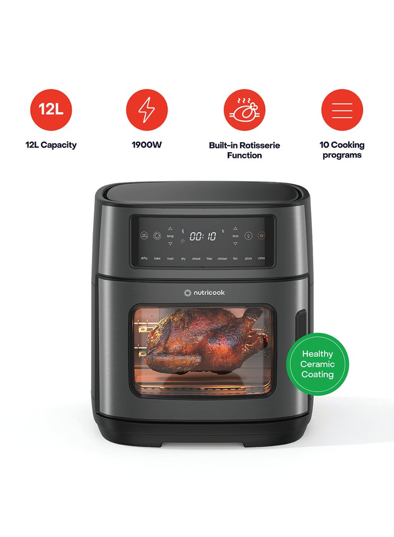 nutricook 12L Air Fryer Oven with Rotisserie, TwinCrisp Top & Bottom Heating, 10 Cooking Programs, Ceramic-Coated Trays, SS304 Accessories, Family Size Capacity, Removable Door, Easy Clean, Black/ Silver 12 L 1900 W NC-AFO330 Black - Image 1