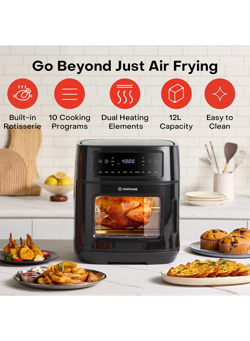 nutricook 12L Air Fryer Oven with Rotisserie, TwinCrisp Top & Bottom Heating, 10 Cooking Programs, Ceramic-Coated Trays, SS304 Accessories, Family Size Capacity, Removable Door, Easy Clean, Black/ Silver 12 L 1900 W NC-AFO330 Black - Image 1