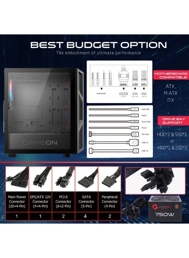 جايم أون صندوق الألعاب Trident IV Mid Tower مع مزود طاقة 750 واط – صندوق ألعاب كمبيوتر Mid Tower | مزود طاقة 750 واط 80+ برونزي مثبت مسبقًا | مراوح ARGB + PWM | زجاج مقسى | متوافق مع ATX / M-ATX / ITX - Image 5