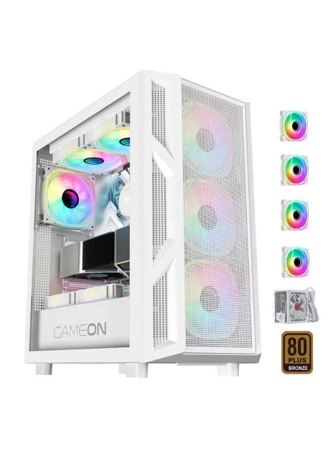 GAMEON Trident IV‑A POWERFORGE Mid Tower Gaming Case with 750W PSU – White Mid Tower PC Case | 750W 80+ Bronze PSU | ARGB + PWM Fans | Tempered Glass | ATX/M-ATX/ITX Compatible white - Image 1