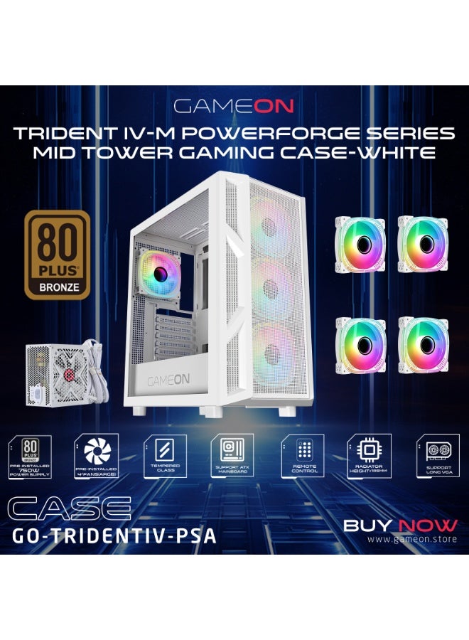 GAMEON Trident IV‑A POWERFORGE Mid Tower Gaming Case with 750W PSU – White Mid Tower PC Case | 750W 80+ Bronze PSU | ARGB + PWM Fans | Tempered Glass | ATX/M-ATX/ITX Compatible white - Image 2