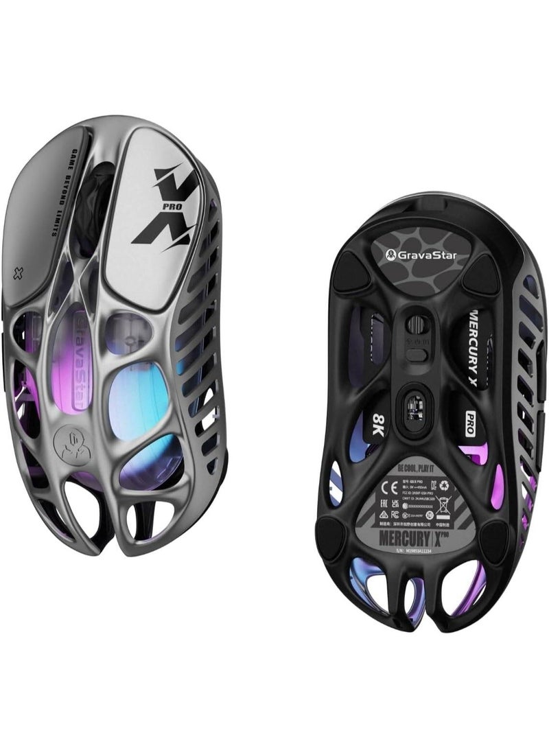 جرافا ستار ماوس الألعاب اللاسلكي Mercury X Pro، معدل استجابة 8K هرتز، دونجل، مستشعر PAW 3950، 32,000 DPI، هيكل مغنيسيوم خفيف الوزن 49 جرام، اتصال ثلاثي الوضع (2.4G / بلوتوث / سلكي)، إضاءة RGB، بطارية 110 ساعة، رمادي - Image 2
