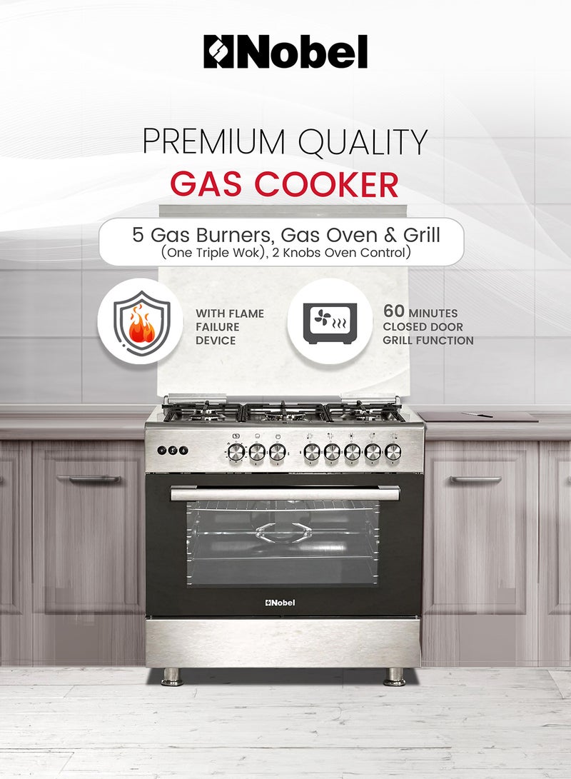 Nobel 90x60 cm Gas Cooking Range with 5 Burners & 110L Gas Oven Rotisserie, Turbo Fan, Cast Iron Pan Supports, Double Glass Door (Made in Turkey) – NGC9696K (1 Year Warranty) NGC9696K Silver - Image 2