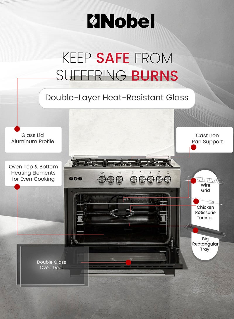 Nobel 90x60 cm Gas Cooking Range with 5 Burners & 110L Gas Oven Rotisserie, Turbo Fan, Cast Iron Pan Supports, Double Glass Door (Made in Turkey) – NGC9696K (1 Year Warranty) NGC9696K Silver - Image 4