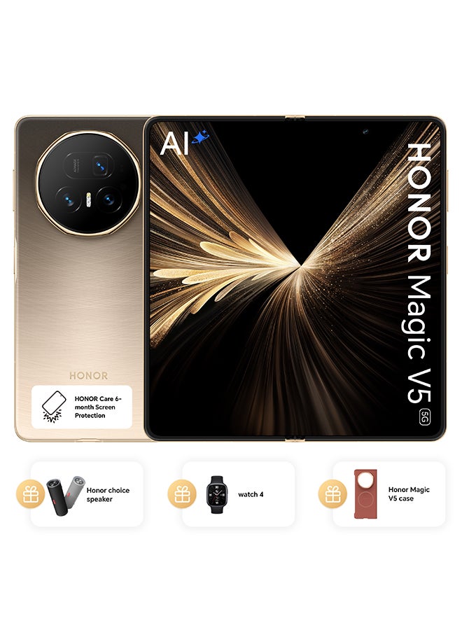 هونور ماجيك V5 ثنائي الشريحة 5G 16 جيجابايت رام 512 جيجابايت لون الذهب الفاتح مع سماعة هونر تشويس، ساعة هونر 4، غلاف ماجيك V5 الفاخر وتأمين شاشة لمدة 6 أشهر - النسخة الشرق أوسطية - Image 1