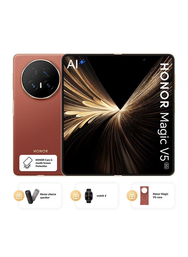 هونور ماجيك V5 ثنائي الشريحة 5G 16 جيجابايت رام 512 جيجابايت بني مع سماعة هونر تشويس، ساعة هونر 4، غلاف ماجيك V5 الفاخر وتأمين شاشة لمدة 6 أشهر - النسخة الشرق أوسطية - Image 1