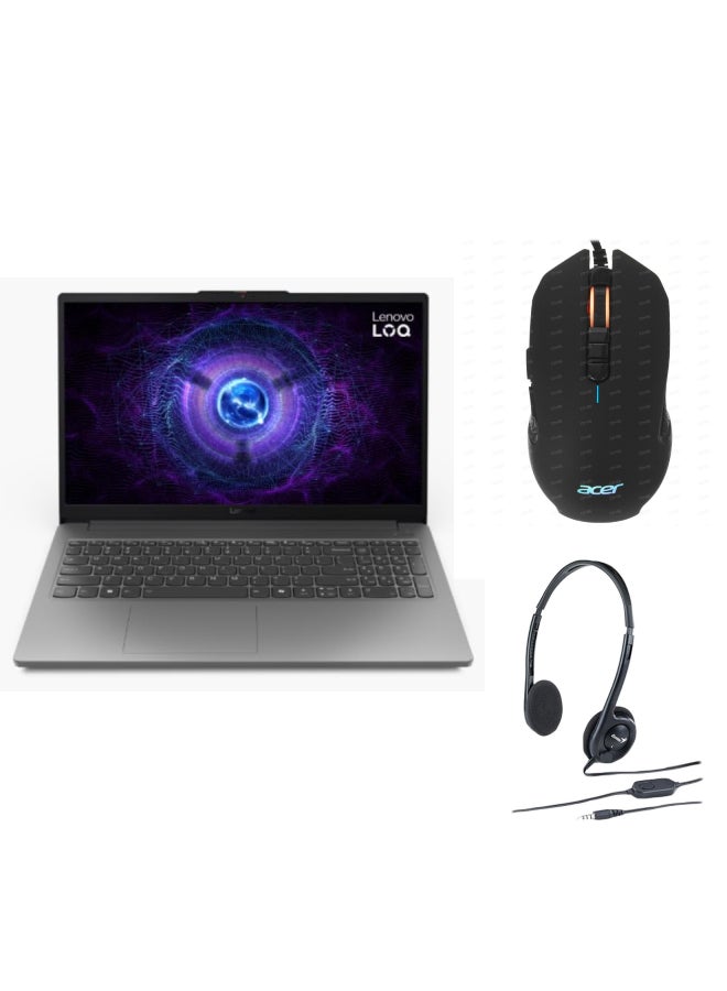لينوفو لعبة LOQ مع شاشة Full HD بحجم 15.6 بوصة (1920x1080)، معالج Core i7-12650HX/16GB RAM DDR5/512GB SSD/6GB NVIDIA GeForce RTX 4050 رسومات/DOS (بدون ويندوز) + سماعة رأس خفيفة الوزن فوق الأذن باللون الأسود + فأرة سلكية - Image 1