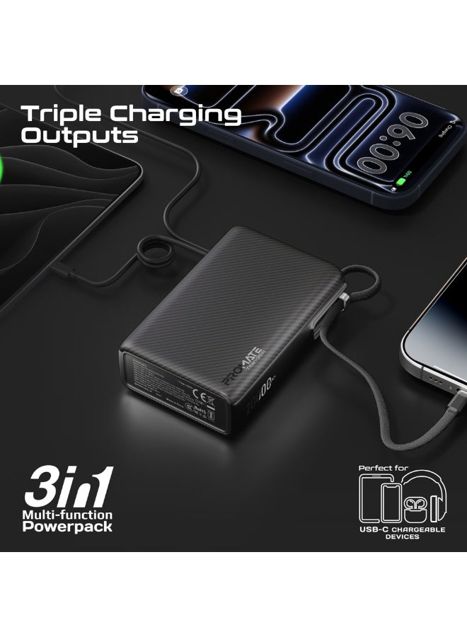 بروميت برومايت تيتان-35 واط 20000 مللي أمبير بنك طاقة مع كابل USB-C مدمج، شحن سريع 35 واط PD، شاشة TFT LCD، مخرجات USB-C و USB-A، تشطيب ألياف الكربون، شاحن محمول للهواتف الذكية والأجهزة اللوحية وأجهزة اللابتوب - Image 3