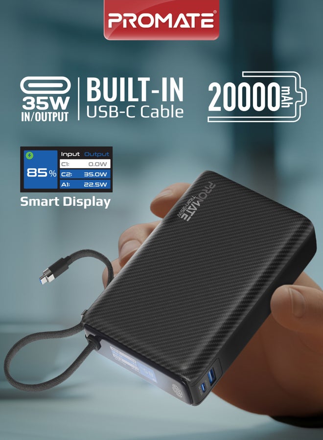 بروميت برومايت تيتان-35 واط 20000 مللي أمبير بنك طاقة مع كابل USB-C مدمج، شحن سريع 35 واط PD، شاشة TFT LCD، مخرجات USB-C و USB-A، تشطيب ألياف الكربون، شاحن محمول للهواتف الذكية والأجهزة اللوحية وأجهزة اللابتوب - Image 1