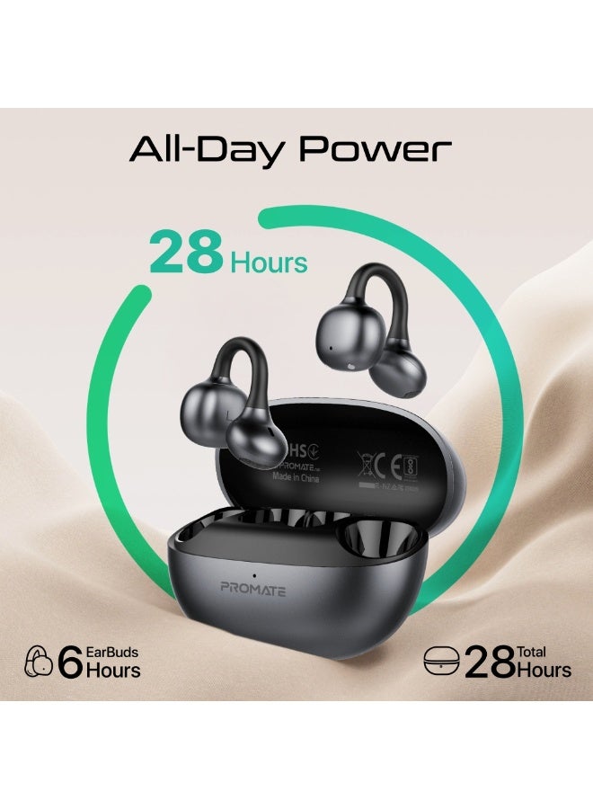 Promate AirClip-Pro Open-Ear True Wireless Earbuds, Clip-On OWS Design with 12mm Drivers, Bluetooth 6.0 Multipoint, IntelliTouch Tap Controls, Clear Mic, 28H Battery, IPX4 Sweat Resistant, Safe Charging Case Black - Image 4