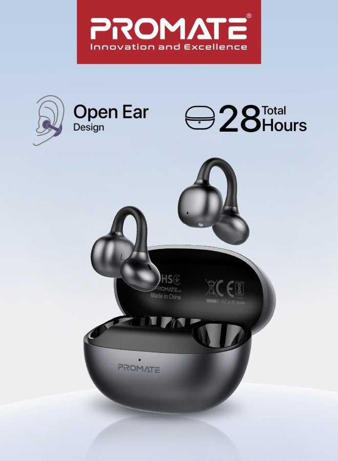Promate AirClip-Pro Open-Ear True Wireless Earbuds, Clip-On OWS Design with 12mm Drivers, Bluetooth 6.0 Multipoint, IntelliTouch Tap Controls, Clear Mic, 28H Battery, IPX4 Sweat Resistant, Safe Charging Case Black - Image 1