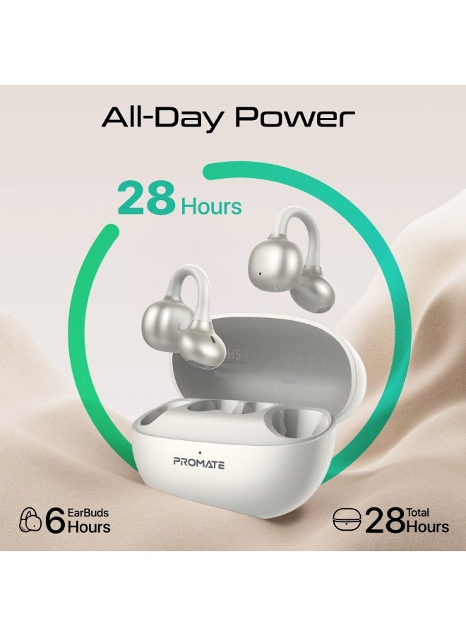 Promate AirClip-Pro Open-Ear True Wireless Earbuds, Clip-On OWS Design with 12mm Drivers, Bluetooth 6.0 Multipoint, IntelliTouch Tap Controls, Clear Mic, 28H Battery, IPX4 Sweat Resistant, Safe Charging Case White - Image 4