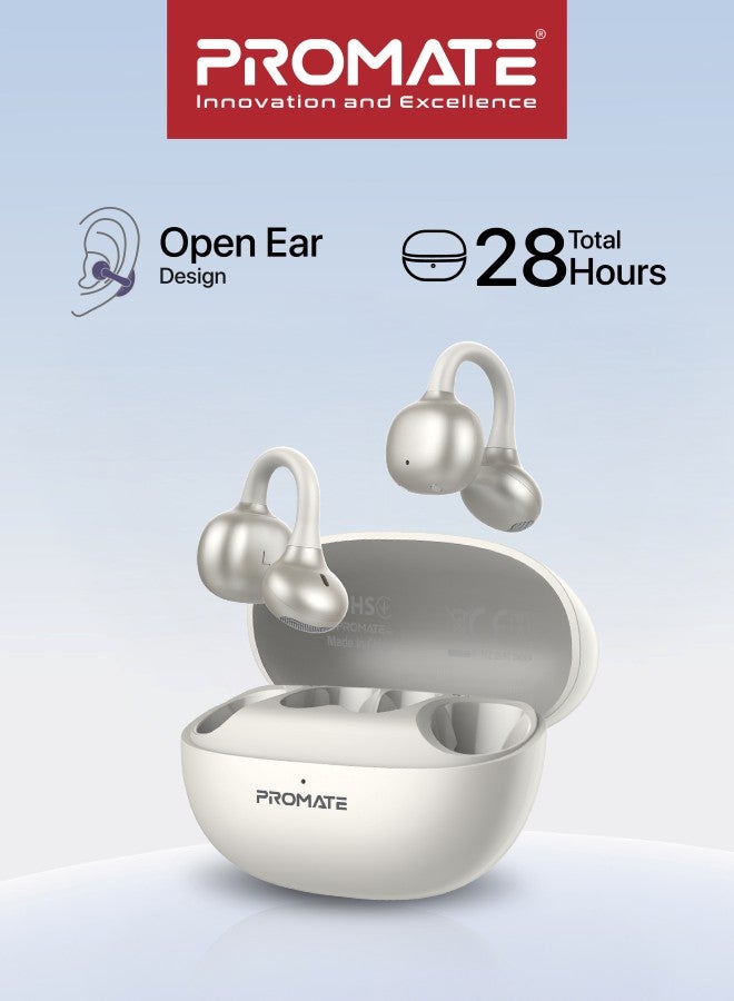Promate AirClip-Pro Open-Ear True Wireless Earbuds, Clip-On OWS Design with 12mm Drivers, Bluetooth 6.0 Multipoint, IntelliTouch Tap Controls, Clear Mic, 28H Battery, IPX4 Sweat Resistant, Safe Charging Case White - Image 1
