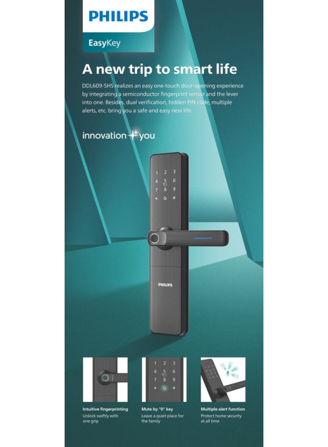 Philips Smart Door Lock 609  Easykey , Bluetooth, Offline Pin Sharing, Intuitive Fingerprint, Dual Verification, Hidden Pin, 4 Unlock Methods, Low Battery Alert 70 mm black - Image 4